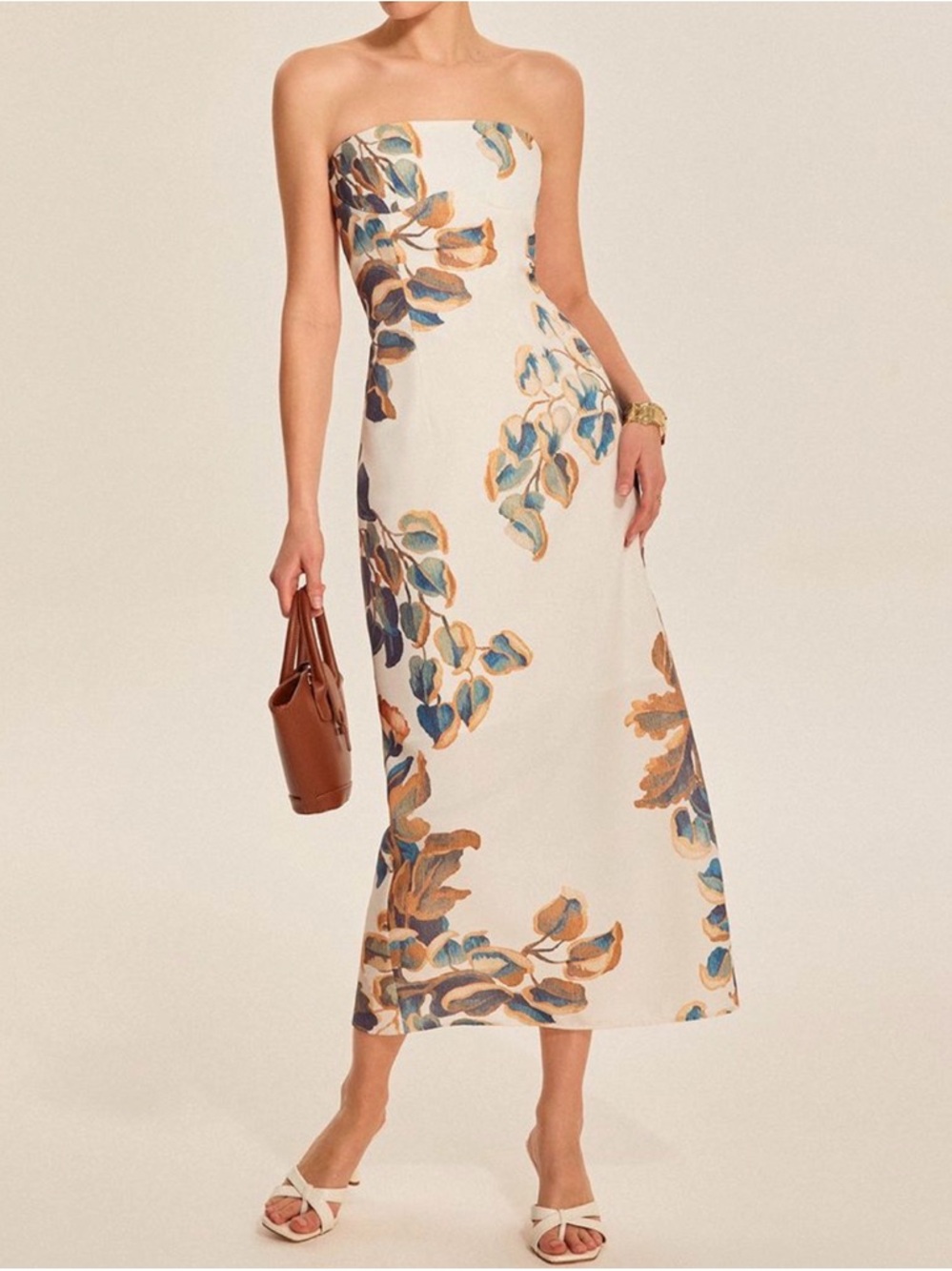 Commense Strapless Floral Midi Dress in Cream, Blue & Brown